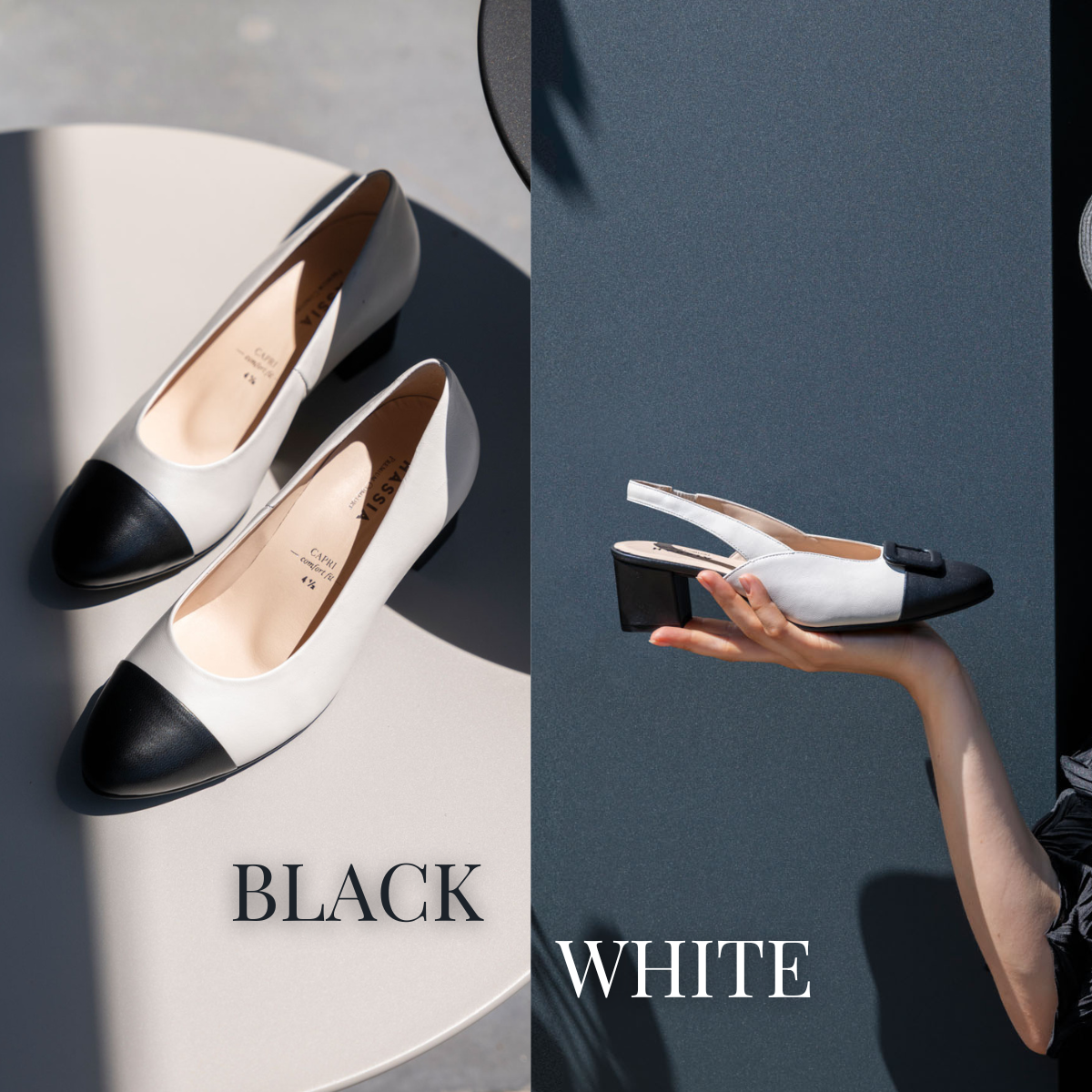 Pumps und Ballerinas von HASSIA in Schwarz-Weiß.